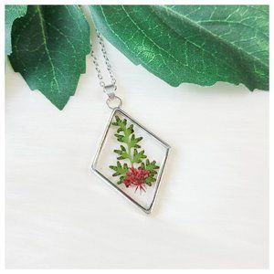 Floral Pendant Necklace Pressed Dried Flower Burgundy Maroon Red Green Clear